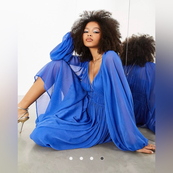 ASOS EDITION ruched gathered waist chiffon maxi dress in bright blue - Picture 5 of 10